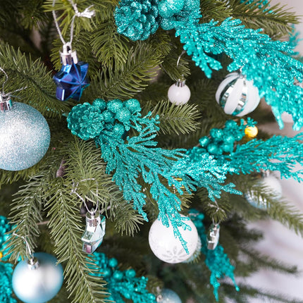 Winlyn 12 Pcs Christmas Artificial Pine Branches Teal Glitter Pine Needles with Pinecone and Berries Christmas Floral Picks 14.2" for Teal Christmas Tree Seasonal Wreath Swag Holiday Arrangement