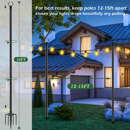 10Ft Metal Poles with Fork for Outdoor String Lights,2 Pack Light Stand for Outside Garden,Patio,Wedding,Backyard,Deck,Party