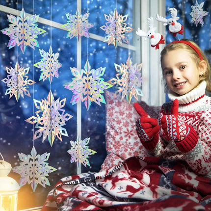 Winter Christmas Hanging Snowflake Decorations 15Pcs, 3D Iridescent Paper Snowflakes Rainbow Snow Flakes Garland for Winter Wonderland Holiday Frozen Christmas Birthday Party Home Decorations