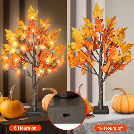 2 Pack 24 Inch Fall Lighted Maple Tree with 36 LEDs, 6 Acorns, Timer Battery Operated, 2Ft Thanksgiving Decorations Table Lights Tree for Autumn Wedding Party Indoor Outdoor Harvest Home