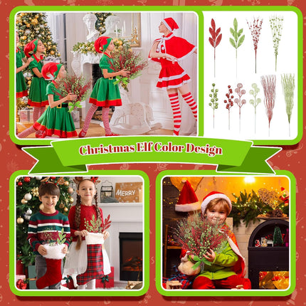 100 Pcs 17'' 12'' Red Green Christmas Berry Stems Ornaments Artificial Glitter Curly Christmas Picks Sprays Fake Christmas Sticks Decorations for Xmas Tree Wreath Crafts Vase Filler Home