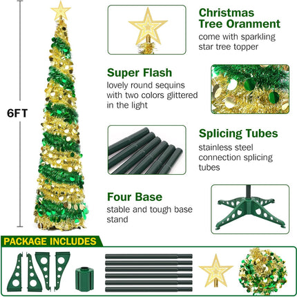 6FT Pop up Christmas Tree Collapsible Gold Green Tinsel Christmas Tree Slim Sequins Xmas Tree with Topper Star, Artificial Reusable Christmas Tree for Holiday Indoor Home Party Decor