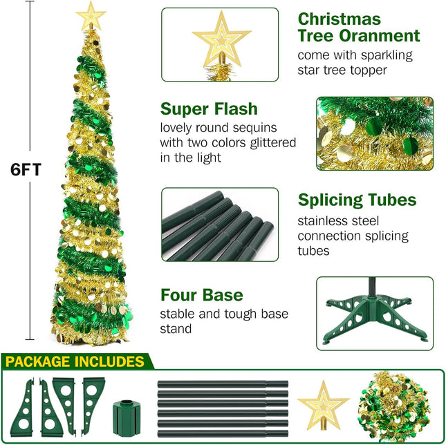 6FT Pop up Christmas Tree Collapsible Gold Green Tinsel Christmas Tree Slim Sequins Xmas Tree with Topper Star, Artificial Reusable Christmas Tree for Holiday Indoor Home Party Decor