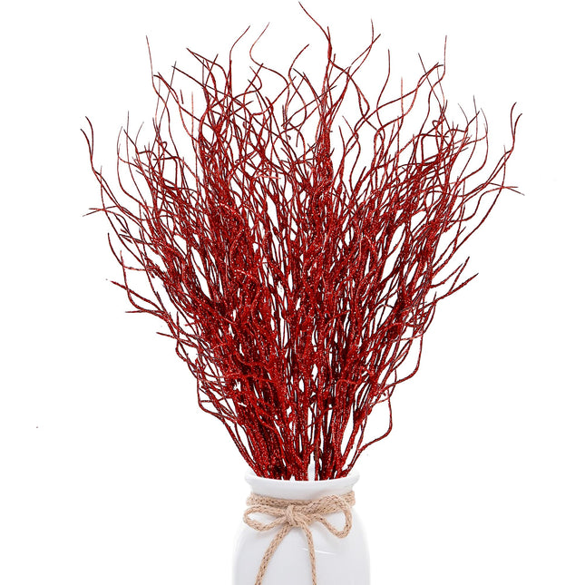 Sggvecsy 50 Pcs Artificial Glitter Stem Ornaments 18 Inches Fake Christmas Picks Decorative Glitter Sticks Branches Twigs for Christmas Tree DIY Wreath Crafts Holiday Home Decor (Red)