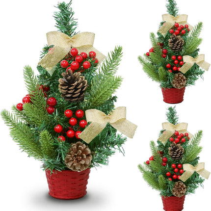 3 Pcs 12 Inch Mini Christmas Trees for Desk Office Tiny Miniature Christmas Tree Table Top Decorated Basket Base Bows Pinecones Berried Tabletop Artificial Small Christmas Decorations Home Decor Xmas