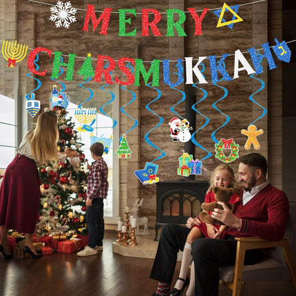 Merry Chrismukkah Party Decorations - 12 Pcs Christmas Hanukkah Mixed Banner Decorations Chanukah Dreidel Xmas Garland Ceiling Decor Christmas Hanukkah Decor for Home Holiday Party Supplies