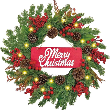 24 Inch Christmas Wreath with Lights Pinecone Berries, Christmas Wreaths for Front Door and Indoor Party Wall Table Home Decor