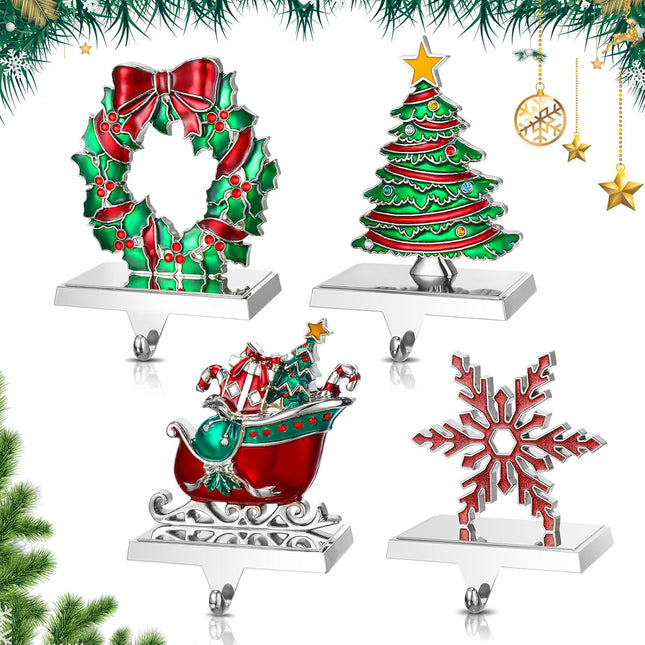 Zhengmy 4 Pcs Christmas Stocking Holders for Mantel Reindeer Snowflake Snowman Pine Xmas Tree Stocking Hangers Metal Stocking Mantel Holders Christmas Decoration for Xmas Fireplace (Wreath)