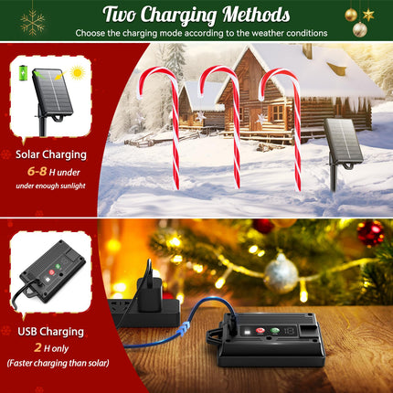 KOOPER Christmas Decorations Outdoor, 24Pack Solar Candy Cane Lights Outdoor Christmas Decorations with 10 Modes, Solar & USB Charging Waterproof Solar Christmas Pathway Lights for Garden Party Patio