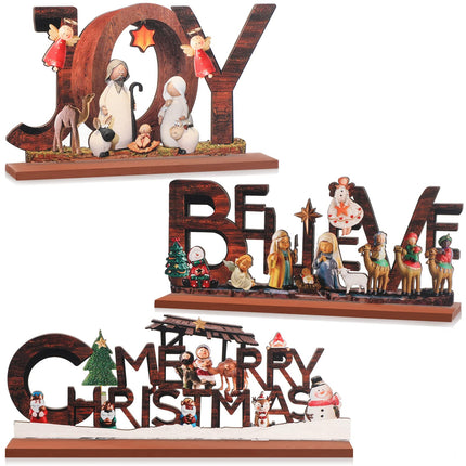 3 Pack Wood Merry Christmas Table Decorations Wooden Nativity Joy Table Centerpiece Sign Farmhouse Christmas Table Topper for Room Table Fireplace Bar Xmas Decor(Vivid Style)