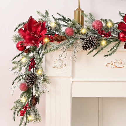 Christmas Garland Decorations, 5.9 FT Real Touch Pine Garland with Red Poinsettias, Flocked Christmas Garland with Red Berries Balls Pinecones for Mantle Front Door Fireplace Table Decor