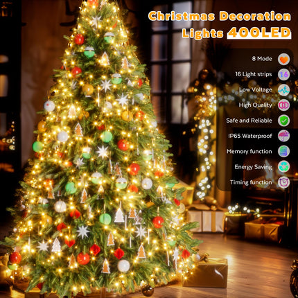 Christmas Tree Lights, 400 LED 8.2Ftx16 Line String Lights Plug in, Cascading Twinkle Lights for Xmas Tree with Timer Memory Function 8 Modes for Indoor Outdoor Wedding Party Decoration (Warm White)