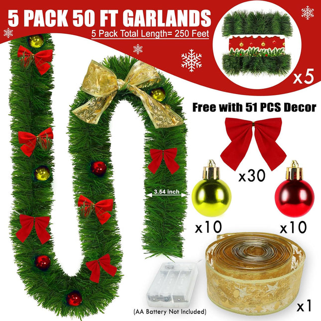 5 Pack 250FT Christmas Garland for Christmas Decoration, Christmas Ribbon Holiday Decor for Outdoor Indoor Artificial Christmas Twist Garland Home Soft Artificial Greenery Party Decoration