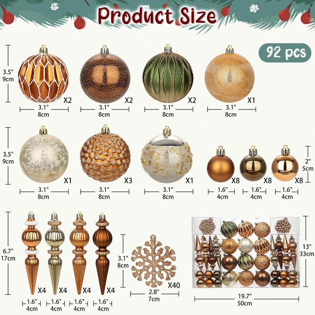 92ct Christmas Tree Decoration Set Christmas Ball Ornaments with Srtings Shatterproof Christmas Baubles for Christmas Holiday Wreath Garland Party Decoration, Bronze-Champagne