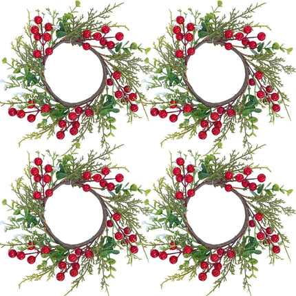Winlyn 4 Pcs Artificial Eucalyptus Cedar Berry Candle Rings Christmas Candle Holder Wreath Rings Faux Cedar Twigs Wreath Mini Window Wreaths 12.2" Wide Winter Wedding Holiday Party Table Decoration
