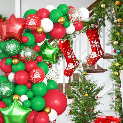 Christmas Balloon Garland Arch Kit, Green Red White Balloon Arch, Star Foil Balloon Christmas Cane Snowflake Christmas Tree Balloon for Christmas Year Party Decorations