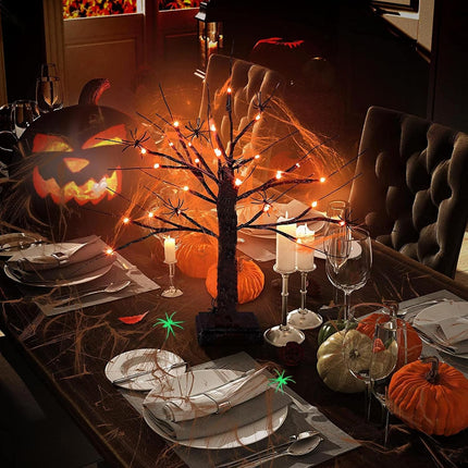 Dimmable 23.6 Inch Halloween Tree Halloween Decorations with 24LED Orange and Purple Lights and Halloween Indoor Tabletop Black Tree with Spider and Scary Web,8 Light Modes,USB/Battery Power