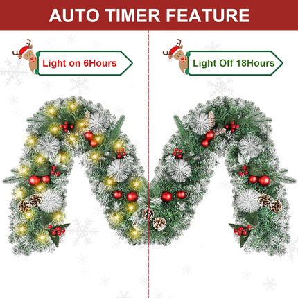 TechKen 9 FT Christmas Garland with Lights, Artificial Prelit Pine Cones Garland with Red Berries Indoor Outdoor for Christmas Stairs Railing Fireplace Front Door Decor