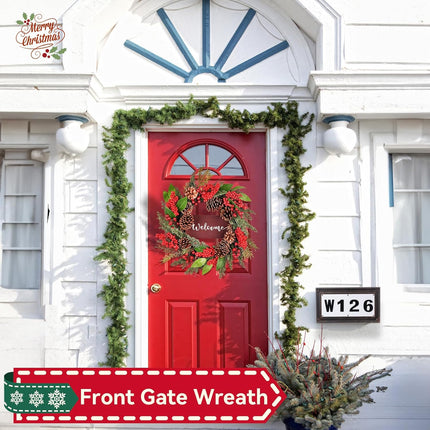24 Inch Christmas Wreath for Front Door, Artificial with Welcome Sign, Pine Needles, Pine Cones, Red Berries Winter Xmas Wreath for Window Wall Fireplace Farmhouse Holiday Party Decoration