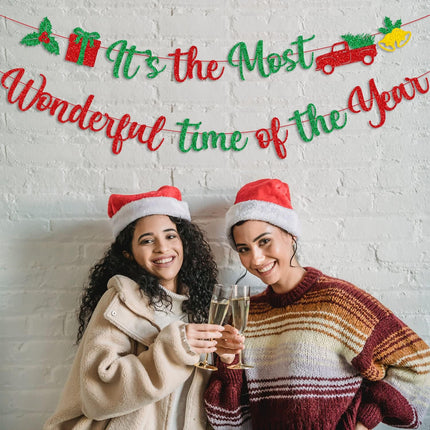 Red Green Glitter It's The Most Wonderful Time of The Year Banner with Holly Berry Xmas Tree Bells Christmas Holiday Party Banner Merry Christmas Holly Jolly Winter Party Mantle Decorations