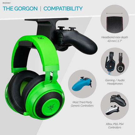 [EOL] The Gorgon - Under Desk Gamepad Controller & Headphone Hanger (2 Pack), for Xbox, PS4, PS5, Dualshock, Series One, Steelseries, PC & Most Gaming Headsets, Screwless Holder Stand, Black [EOL]