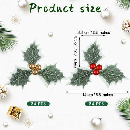48 Pieces Artificial Holly Berries with Green Leaves Gold Red Holly Berry Stems with Leaves Artificial Holly Leaves and Berries for Christmas Wreath Arrangement Cake Toppers Craft Wedding Party Home