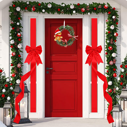 Ysleen 12 Pcs Christmas Cabinet Ribbon Bows and 6 Pcs Christmas Pine Wreath with Snowman Santa Claus Festive Large Xmas Bows Artificial Christmas Front Door Wreath for Christmas Party(Red)