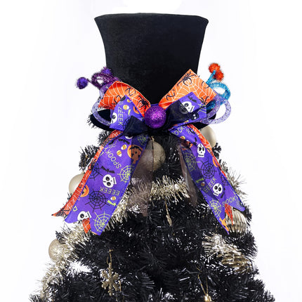 Lordaeron Christmas Halloween Tree Topper Hat,Large Black Velvet Hat with Purple and Orange Bow Seasonal Holiday Decorations Tabletop Ornaments for Home