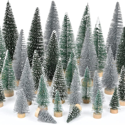 Artificial Frosted Sisal Christmas Tree, 30 Pieces Bottle Brush Trees with Wood Base DIY Crafts Mini Pine Tree for Christmas Home Table Top Decor Winter Ornament (Silver Green)
