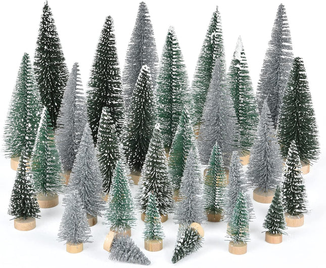 Artificial Frosted Sisal Christmas Tree, 30 Pieces Bottle Brush Trees with Wood Base DIY Crafts Mini Pine Tree for Christmas Home Table Top Decor Winter Ornament (Silver Green)