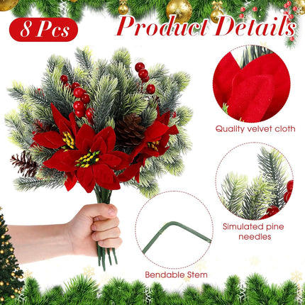 8 Pcs 13.4 Inch Red Poinsettia Artificial Christmas Flowers Bouquet with Pine Cone Red Berry Pine Needle Artificial Plants Christmas Decor for Craft Xmas Tree Garland Home Indoor Outdoor