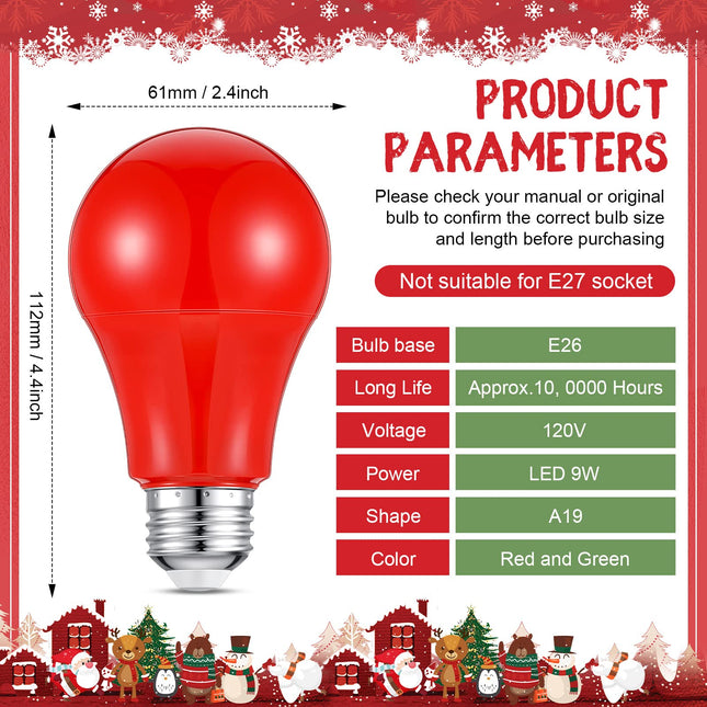 Supervitae 6 Pack A19 LED Light Bulb Christmas Light Bulbs 120V E26 Base 9 Watt Colored Light Bulbs for Christmas Holiday Party Decoration Porch Home Lighting, 60 Watt Equivalent(Red, Green)