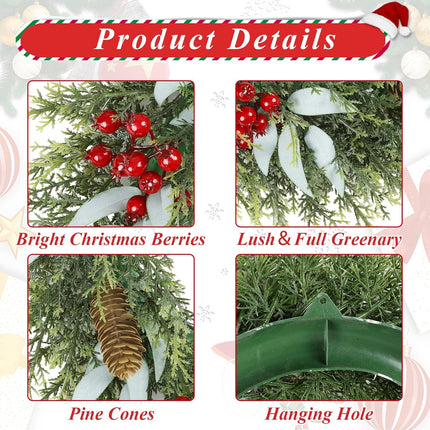 U'Artlines 18" Artificial Christmas Wreath Front Door Wreath with Red Berry Pine Cones Christmas Decorations for Winter Xmas Holiday Home Indoor Outdoor Use (Green,1)