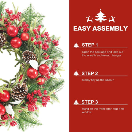 Super Holiday Artificial Christmas Wreath, Front Door Wreaths Decorations for Home, Party, Holiday, Thanksgiving, Xmas Decor - with Wreath Hanger, Green/Red.