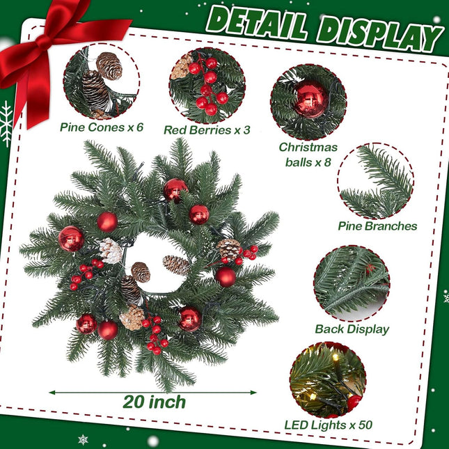 20 Inch Christmas Wreath with 50 Lights Timer (Battery Not Included) Small Christmas Wreaths for Front Door with Pine Cones Berries Red Balls Christmas Door Wreath Indoor Outdoor Wall Decoration