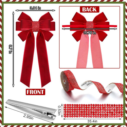 15 Sets Christmas Velvet Bows for Tree 6.7'' x 3.9'' Christmas Wreath Bows with Rhinestone DIY Christmas Tree Topper Bow Ornaments for Xmas Holiday Party Decoration Wrapping(Red)
