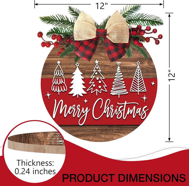Deroro Merry Christmas Tree Front Door Sign, Xmas Holiday Farmhouse Wood Door Hanger Outdoor Outside Porch Decor, Rustic Wooden Wreath with Plaid Bow Red Berry Indoor Wall Hanging Decoration