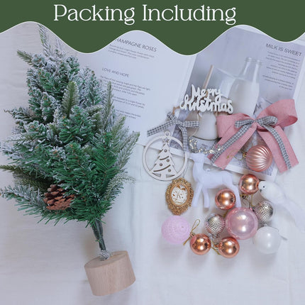 Small Pink Christmas Tree 18Inch Tabletop Mini Christmas Tree Snowy Artificial Xmas Pine Trees with Wooden Base Hanging Ornaments Balls for Holiday Festival Indoor Home DIY Christmas