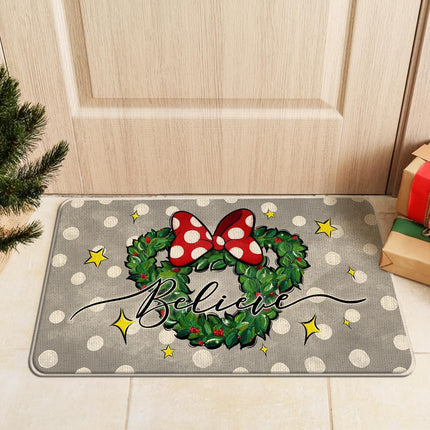Christmas Believe Santa Mouse Kitchen Rugs Set of 2, Xmas Wreath Peppermint Candy Kitchen Mats Decor, Polka Dot Winter Holiday Door Mat Home Decorations -17x29 and 17x47 Inch