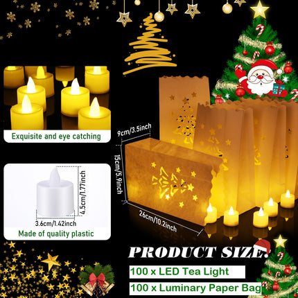 100 Set Luminary Paper Bags with Flameless Tea Lights Christmas Flameless Candle with Luminaries Candle Bag LED Tea Light for Birthday Wedding Halloween Christmas Thanksgiving Party Decor (Tree)