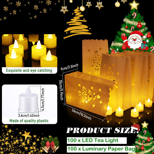 100 Set Luminary Paper Bags with Flameless Tea Lights Christmas Flameless Candle with Luminaries Candle Bag LED Tea Light for Birthday Wedding Halloween Christmas Thanksgiving Party Decor (Tree)