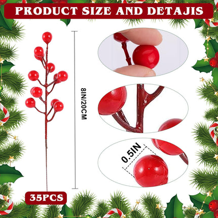 35 Pack Artificial Red Berry Stems 8 Inch Christmas Berry Picks Red Holly Berries for Christmas Tree Decorations DIY Crafts Wedding Winter Holiday Home Decor