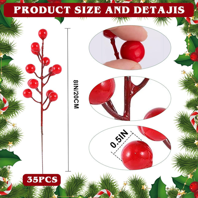 35 Pack Artificial Red Berry Stems 8 Inch Christmas Berry Picks Red Holly Berries for Christmas Tree Decorations DIY Crafts Wedding Winter Holiday Home Decor