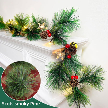 6FT Dual Color Changing Smokey Christmas Garland with Lights Timer 8 Mode, Prelit Natural Rustic Cedar Pine Garland with Warm White & Colorful Lights Pine Cones Berry Bell for Mantle Fireplace Stairs
