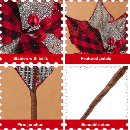 12 Pieces Christmas Buffalo Plaid Poinsettias 6.7 Inches Artificial Christmas Tree Ornaments Checked Xmas Flower with Bells for Rustic Christmas Tree Wreath Garland (Red Black)