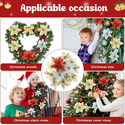 Waydress 36 Pieces Poinsettia Artificial Christmas Flowers for Christmas Tree Glitter Poinsettia Wedding Flowers with Clips for Christmas Wreath Decorations Party Floral Supplies