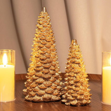 NEROSUN Gold Christmas Tree Figurine, Set of 2 Resin Christmas Tree Table Decorations, Christmas Mini Tree Ornaments Table Centerpiece for Indoor Cabinet Mantel Fireplace Holiday Xmas Decor