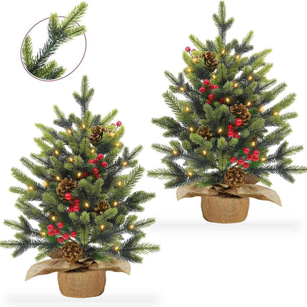 2 Pack 24 Inch Tabletop Small Christmas Trees with Lights Timer Full PE Pine Artificial Mini Christmas Tree Realistic-Feel Tips Red Berries Pinecone Stable Base Christmas Decorations Indoor Xmas Home