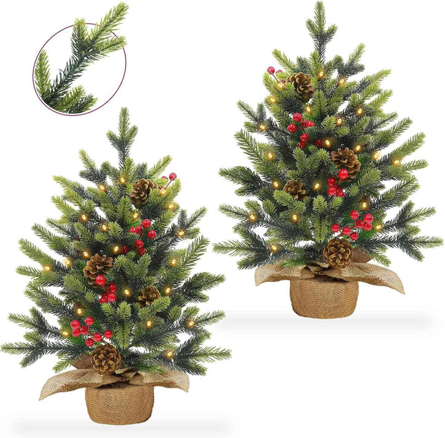 2 Pack 24 Inch Tabletop Small Christmas Trees with Lights Timer Full PE Pine Artificial Mini Christmas Tree Realistic-Feel Tips Red Berries Pinecone Stable Base Christmas Decorations Indoor Xmas Home