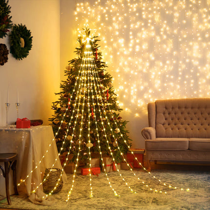 Christmas Decorations Star String Lights - 344 LED 11.8ft 9 Strands Waterfall Tree Lights with Topper Star, 8 Lighting Modes Christmas Lights Indoor Outdoor Decorative for Wedding Yard Party Home